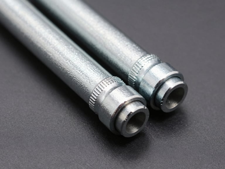 Close-up of dual-ended steel link stabilizers with polyurethane bushings, high-contrast studio lighting highlighting the metallic surface