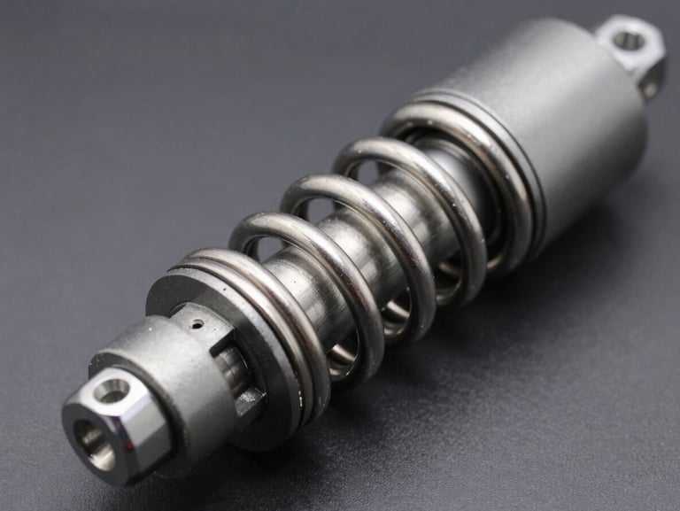 Macro shot of a high-performance shock breaker cylinder, metallic gray finish, sharp industrial lighting reflecting off the steel spring