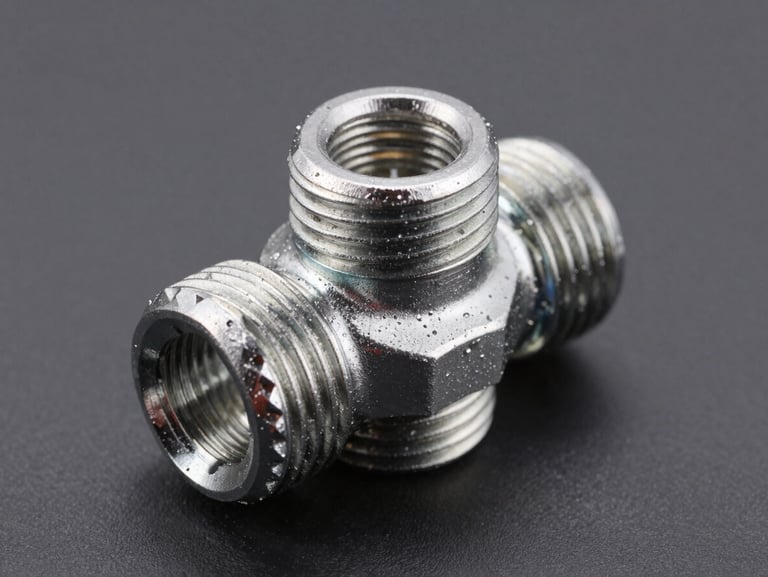 Eye-level shot of a clean metallic tie rod end, showing precise thread cuts and steel texture, dark gray background