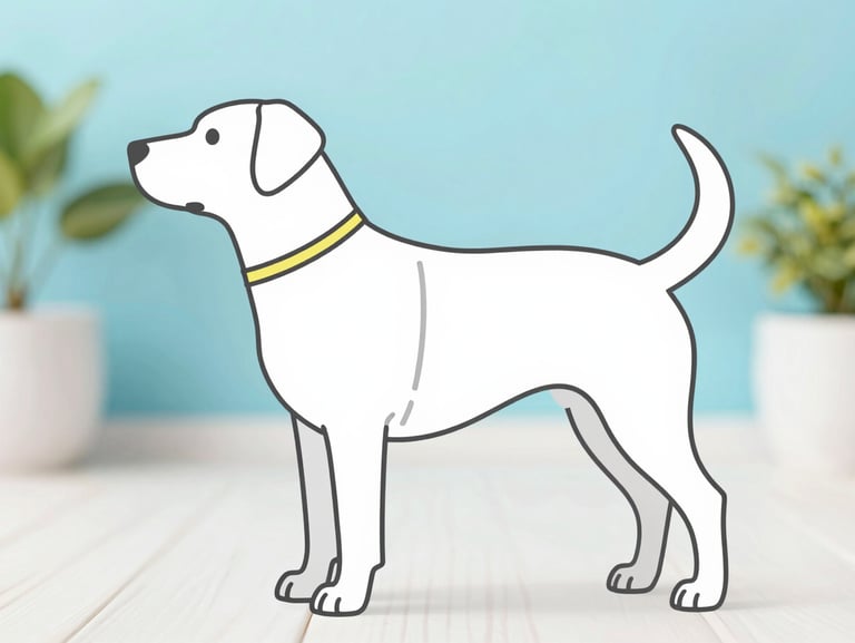 Graphic line art illustration of a dog silhouette showing where to measure neck, chest, and back length, clean colorful lines, bright background.
