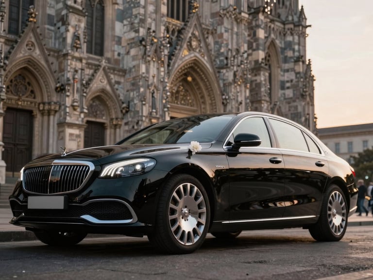 Low-angle heroic shot of a luxury black sedan with a subtle white floral arrangement on the door handle, parked outside a grand stone cathedral at sunset.
