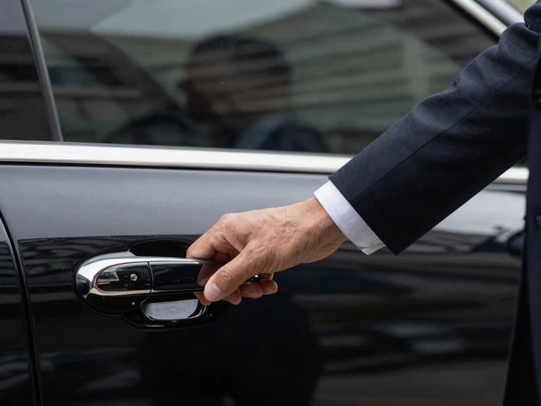 Close-up of a professional driver in a tailored dark suit opening the door of a pristine black executive car, focus on the hand and the polished door handle, elegant composition.