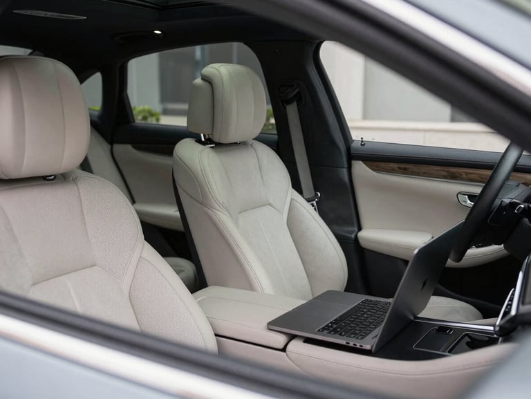 Pristine interior of a luxury sedan highlighting leather stitching, executive amenities, and a laptop open on the rear seat, clean low-key lighting.