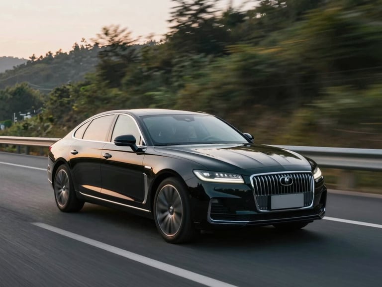 A polished black executive sedan cruising smoothly on a clean highway surrounded by green hills, soft morning light, dynamic motion blur.