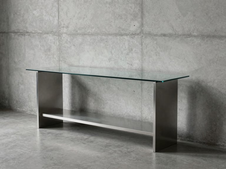 Wide environmental shot of a minimalist furnished room showing a steel and glass console table against a bare concrete wall, cool north-facing daylight, no styling props, the structural legs and shelf clearly visible from a three-quarter angle