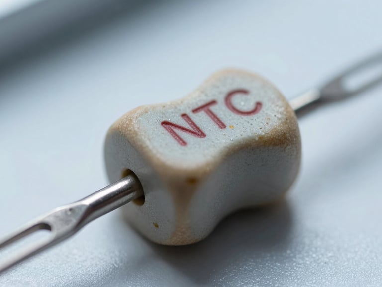 Extreme macro photograph of NTC thermistor bead with sub-micron ceramic grain structure visible under cool, sterile laboratory lighting.