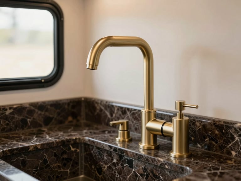 Close-up architectural shot of a brushed champagne gold faucet over a dark Nero Marquina marble countertop inside a mobile trailer. A warm, diffused light highlights the premium metallic finish and a minimal soap dispenser, creating an atmosphere of hotel-grade luxury.