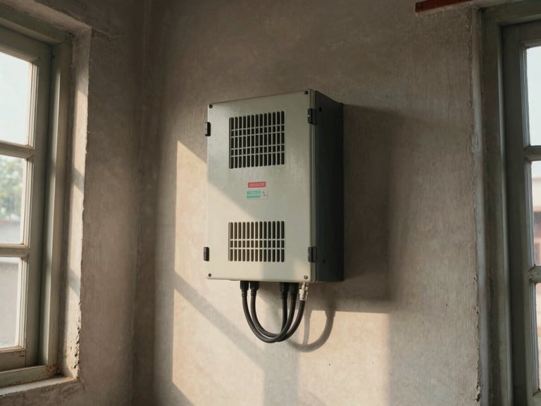 Wide environmental shot of a voltage stabilizer unit mounted in a corner of a modest Indian home, warm afternoon window light casting a soft rectangle on the concrete wall beside it, unit cables neatly routed downward, no people, documentary framing