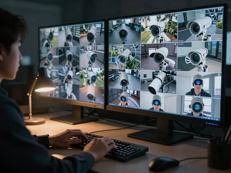 Environmental shot of a security monitoring station at 2am, operator's hands on keyboard in front of a grid of live camera feeds, low tungsten desk lamp casting warm light on the workspace, dark room background