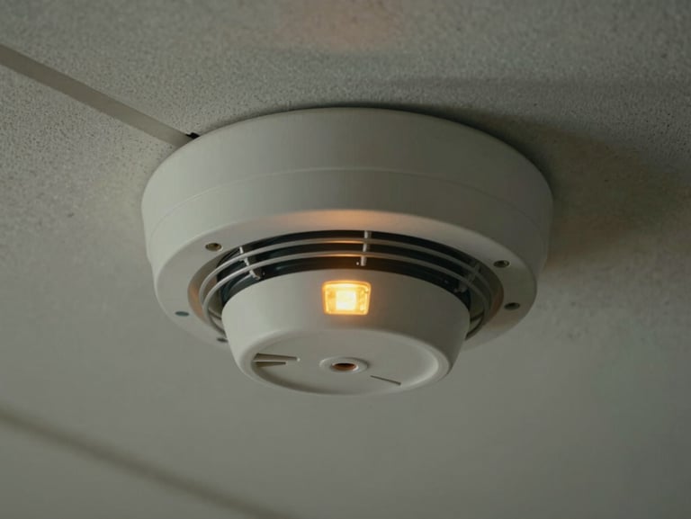 Overhead close-up of a smoke and heat detector unit installed on a ceiling tile, indicator light glowing amber, ceiling grid pattern visible, soft indoor ambient light
