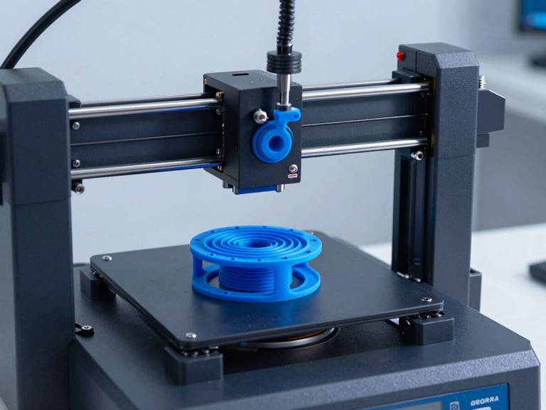 Industrial 3D printer creating a precise blue polymer prototype, cool crisp lighting, tech workspace