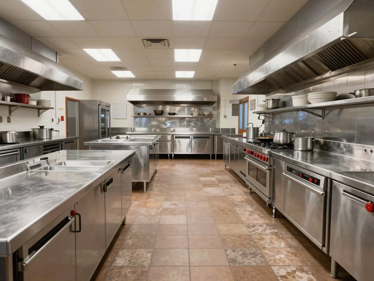 Wide-angle architectural photograph of a pristine, empty commercial restaurant kitchen with stainless steel counters and flawlessly laid quarry tile flooring under even, bright lighting.