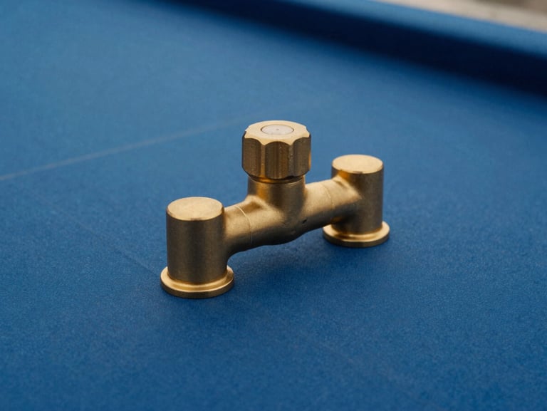 Macro shot of matte gold pool fittings against a deep blue tile, highlighting texture and precision, soft studio lighting.