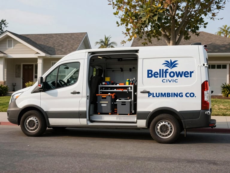 Wide environmental shot of a Bellflower Civic Plumbing Co service van parked on a residential street in afternoon light, home entry visible in background, tools organized in the open cargo area, showing local presence and readiness.
