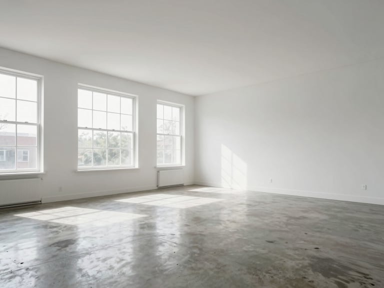 Wide-angle interior of a bright living room with large windows letting in mid-day daylight, clean white walls, polished concrete floors visible, empty of furniture to show true proportions