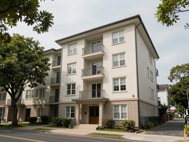 Exterior facade of a mid-rise residential building on a quiet tree-lined street at midday, neutral overcast light, street-level perspective showing entrance and surrounding context