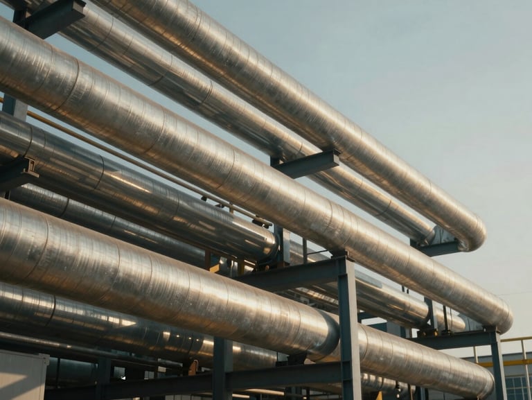 Low-angle shot of a modern manufacturing facility in Ikeja, warm natural light, structured industrial pipes in the background, sharp details