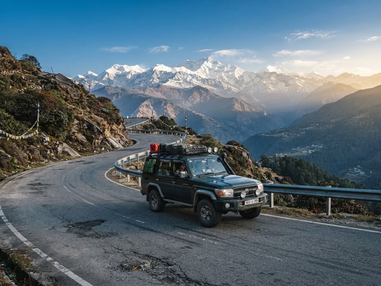 Crisp outdoor photography of a well-maintained adventure SUV driving on a winding mountain road in Sikkim, high-altitude morning light, majestic snowy Himalayan peaks in the far background, cool mountain tones with warm sunlight accents, 35mm lens.