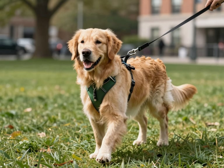 Candid eye-level shot of a happy golden retriever walking on a leash in a sunlit city park, forest green harness, natural outdoor daylight, shallow depth of field, warm editorial photography, 35mm