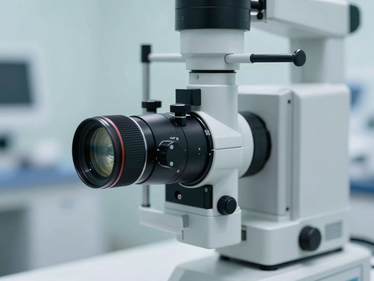 Macro close-up of a modern ophthalmic slit lamp diagnostic machine in a sterile clinic, bright clean clinical lighting, soft blue tones.
