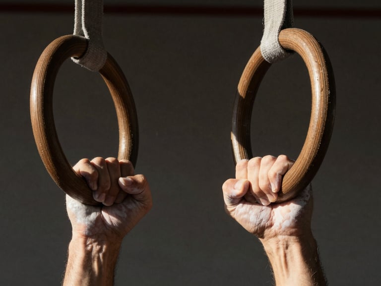 Tight macro crop of chalked hands gripping wooden gymnastics rings, dramatic natural side-lighting, dark minimalist background.