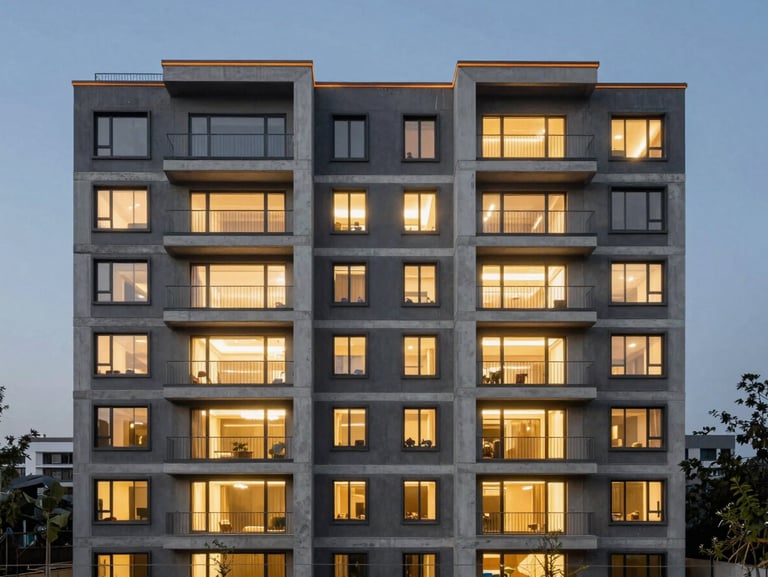 Symmetrical elevation of a completed five-story mixed-use development at dusk, warm interior lights contrasting with raw concrete exterior