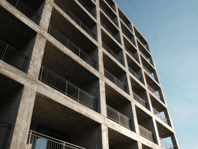 Low-angle exterior shot of a structural steel and concrete residential mid-rise, strong geometric lines, high-contrast afternoon sun