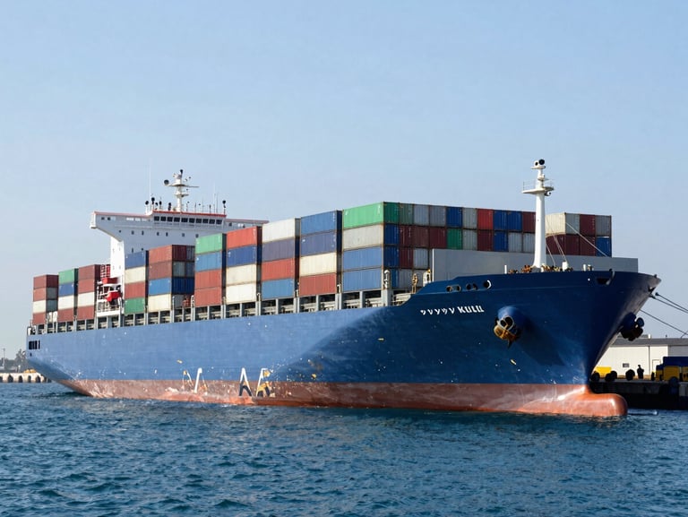 Wide-angle crisp daylight shot of a massive cargo ship loaded with industrial containers docked at a modern port, deep blue water, clean composition