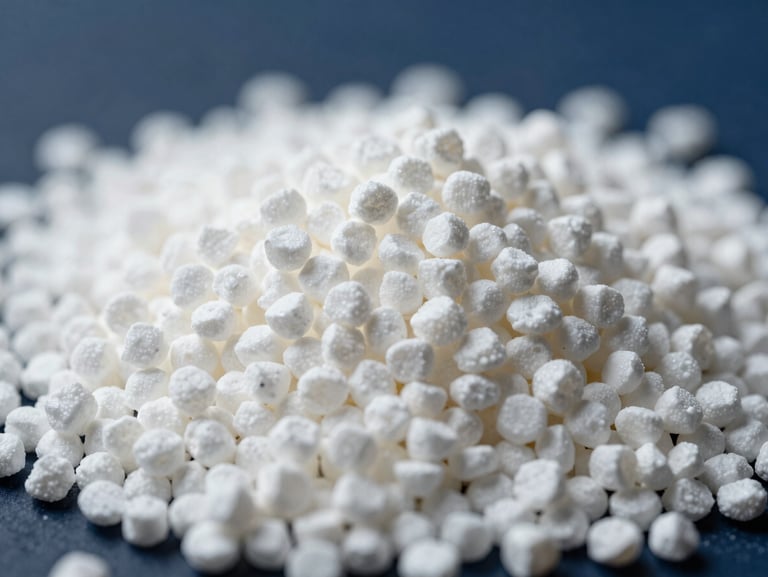 Extreme close-up of pure white Urea granules on a dark blue background, sharp focus, technical lighting.