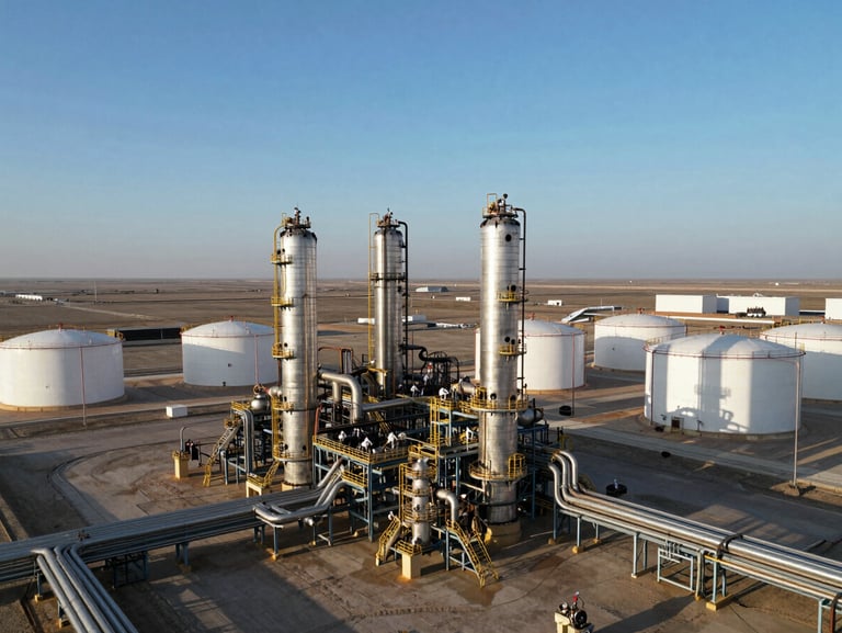 Wide-angle aerial drone shot of a massive modern petrochemical plant in Turkmenistan, industrial pipelines and storage tanks under crisp blue morning light, cinematic composition.