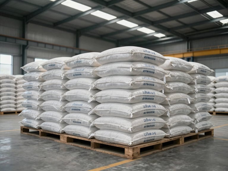 Modern industrial warehouse interior with stacked bulk bags of petrochemical fertilizers, clean and structured layout.