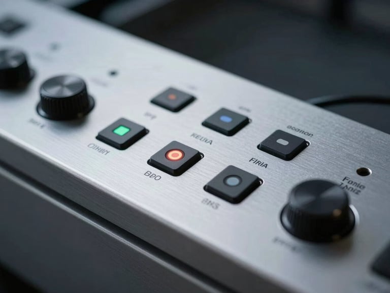 Macro shot of physical-digital interface controls on a sleek aluminum console, sharp focus, cool studio lighting.