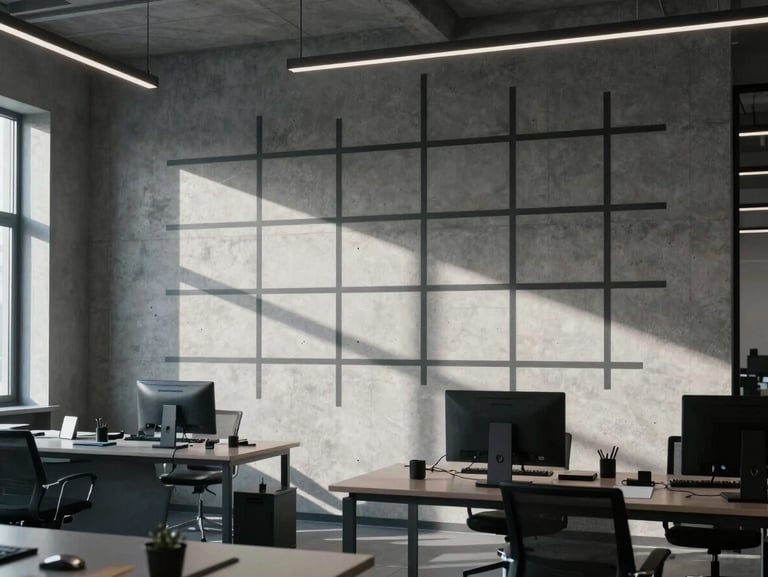 Architectural geometry of a modern workspace with structural grids projected on a concrete wall, natural cool light.