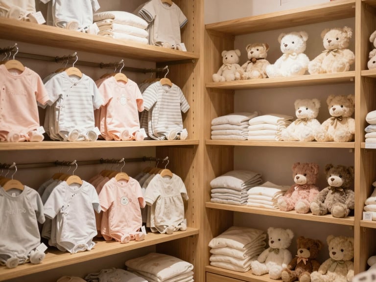 A warm, cozy corner of the Petit Petó physical shop, wooden shelves filled with pastel-colored baby clothes and soft toys, warm ambient daylight