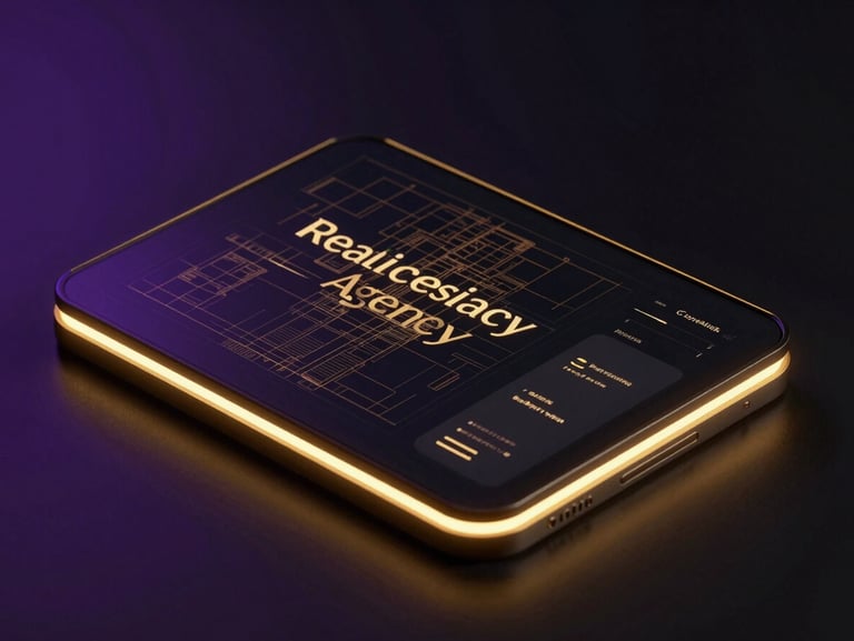 Sleek dark-mode digital render of a premium real estate agency interface, glowing gold accents, architectural blueprint details, high contrast obsidian background.