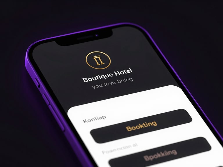 Sleek dark-mode digital render of a luxury boutique hotel booking interface, dramatic royal purple rim lighting, high contrast obsidian background.