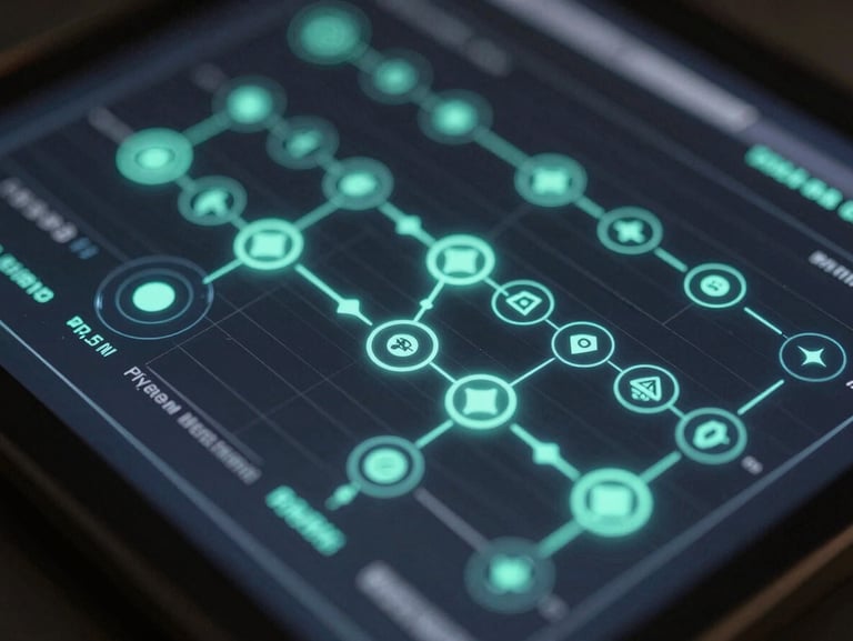 Macro shot of an AI matching interface with neon-mint active indicators over a dark obsidian data visualization graph