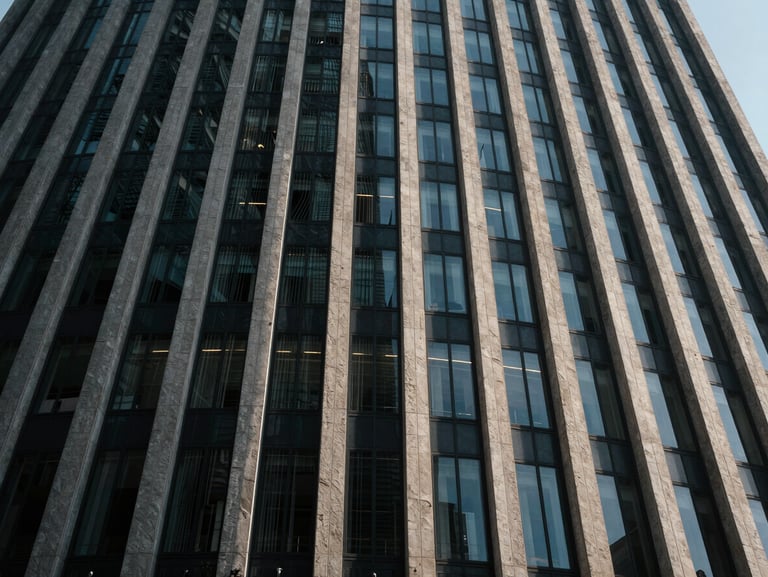 Wide-angle architectural abstraction of a modern skyscraper facade made of glass and concrete, dramatic low-key lighting, cool-toned shadows.