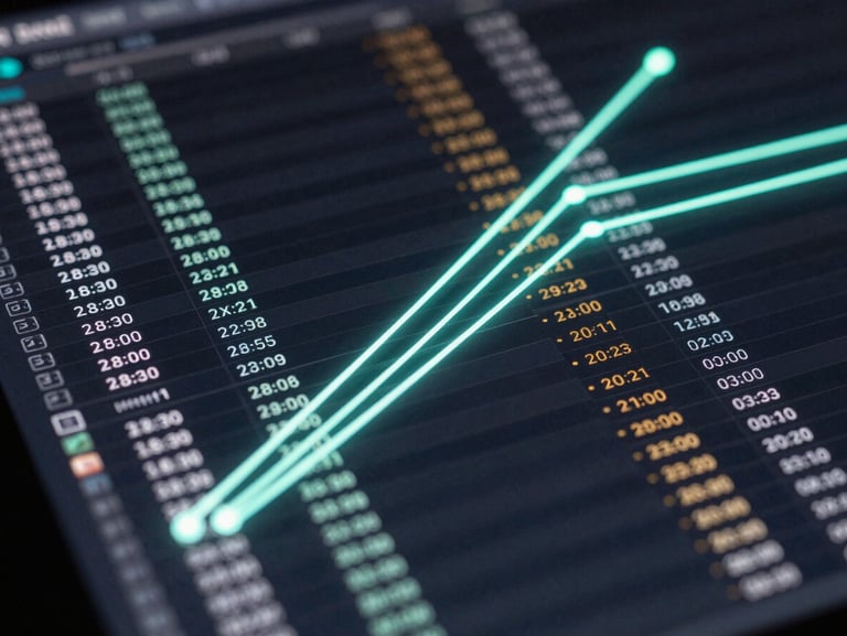 Macro close-up of a dark user interface displaying an algorithmic matching matrix, glowing neon-mint connection lines, and structured data tables.