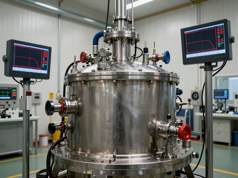 Hydrostatic pressure testing bay with a heavy steel chamber, digital telemetry screens showing pressure curves in red, high-tech industrial environment