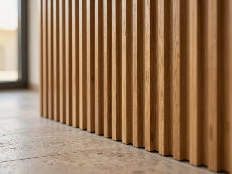 Macro-style detail shot of a premium fluted WPC panel meeting a polished stone floor, warm diffused daylight highlighting the precise alignment, architectural focus