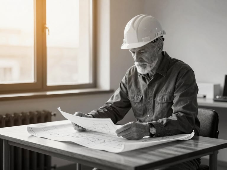 Black and white editorial portrait of a senior structural engineer reviewing blueprints on a minimal wooden table, soft natural side lighting, professional and authentic