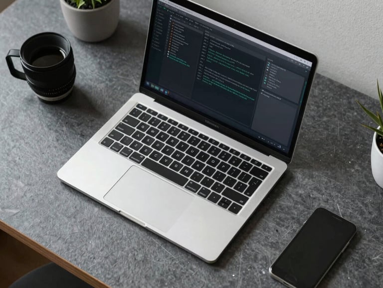 Clean overhead desk setup with a secure laptop showing a terminal interface, organized slate-gray workspace, daylight-balanced cool lighting