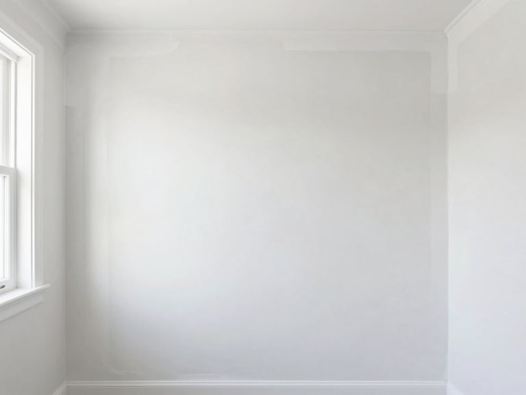 Straight-on architectural photo of pristine drywall repair and fresh premium paint in a bright, clean bathroom, daylight, sharp edges.