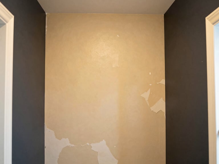 Straight-on architectural photo of water-damaged drywall and peeling paint in a dark bathroom corner, yellow artificial lighting.