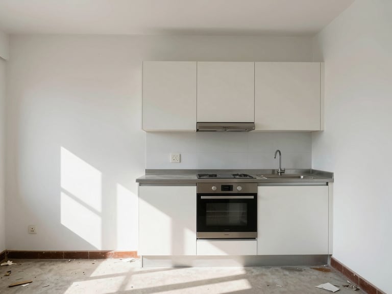 Straight-on architectural photo of scuffed walls, outdated fixtures, and debris in a neglected rental kitchen, harsh shadows.