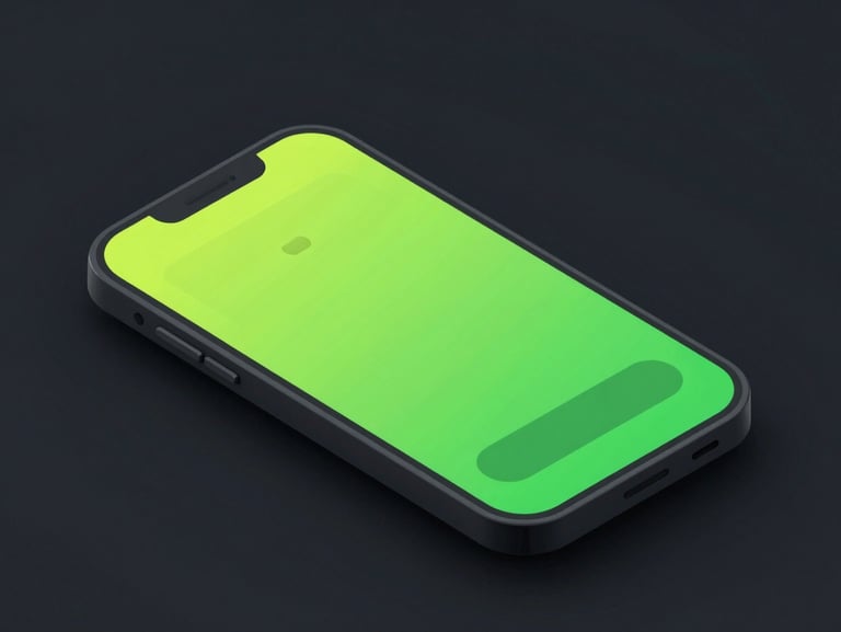 Sleek 3D render of an isometric mobile game interface with vibrant neon lime green accents, dark high-contrast background