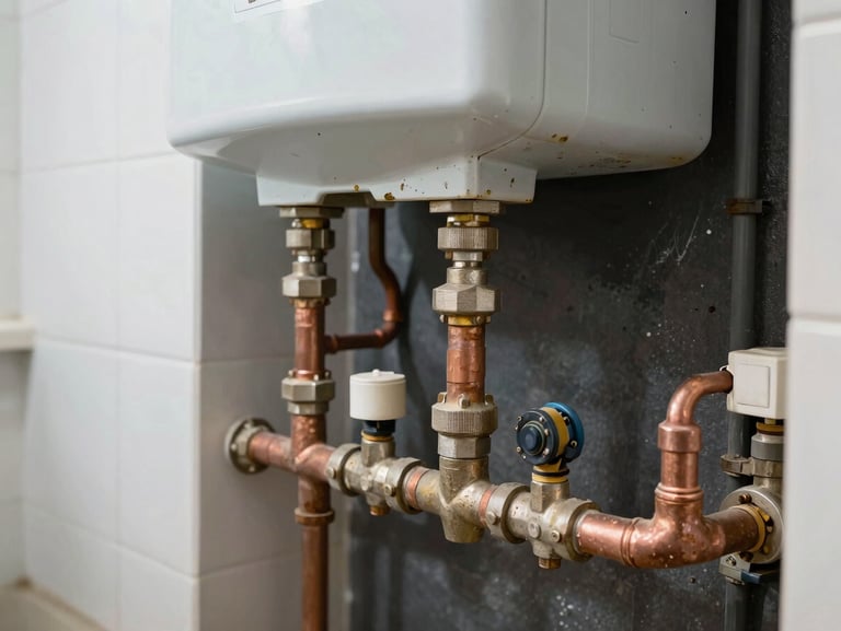 Close-up of an old, corroded residential water heater with messy copper pipe connections in a dark basement