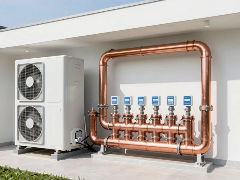 Crisp architectural photography of a newly installed modern HVAC and copper plumbing manifold, perfectly organized and labeled, bright natural daylight