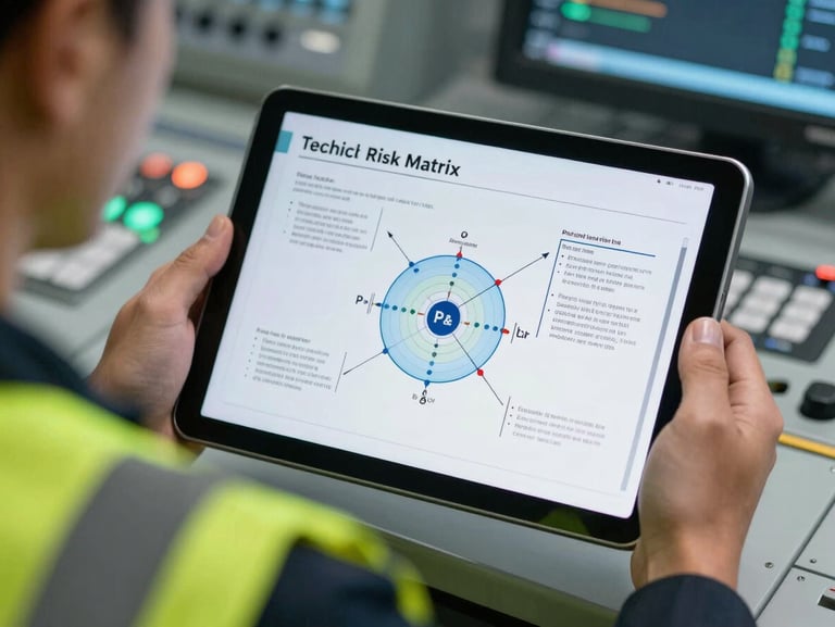 Close-up of a technical risk matrix and P&ID diagram on a tablet screen, held by an engineer wearing high-visibility safety gear inside a modern control room.